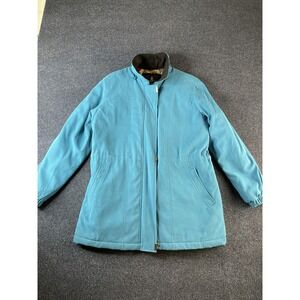 London Fog Jacket Womens Medium Teal Zip Front Floral Lined Long Warm Coat